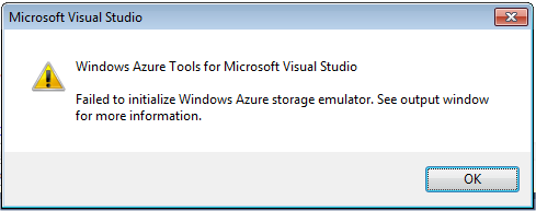Failed to initialize Windows Azure storage emulator.