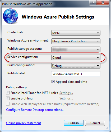 Windows Azure Publish Settings