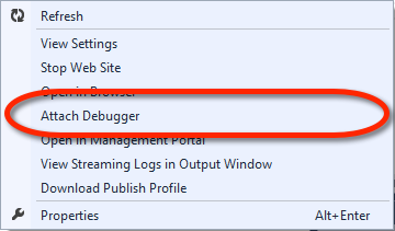 Visual Studio Server Explorer - Windows Azure Web Sites - Context Menü