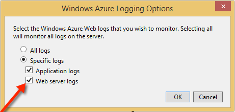 Windows Azure Logging Optionen-Dialog
