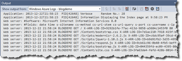 Visual Studio Output-Fenster - Log Streaming - Web Server Log